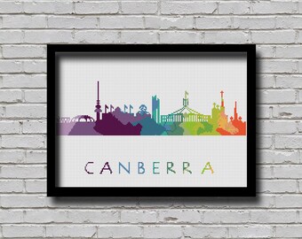 Cross Stitch Pattern Canberra Australian Capital Territory City Silhouette Rainbow Watercolor Effect Decor Embroidery City Skyline Xstitch