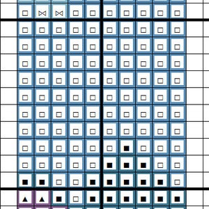 May include: A cross-stitch pattern chart with a grid of squares. The design features a central rectangular shape with blue and white squares, and black squares at the bottom. The chart includes symbols and color blocks.