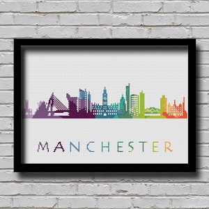 Cross Stitch Pattern Manchester England Europe City Silhouette Watercolor Effect Decor Embroidery Rainbow Color Skyline xstitch