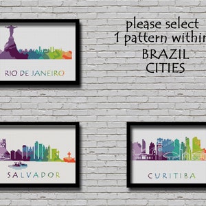 Cross Stitch Pattern Rio De Janeiro, Salvador, Curitiba Brazil Silhouette Watercolor Effect Latin America Cities Modern Design City Skyline