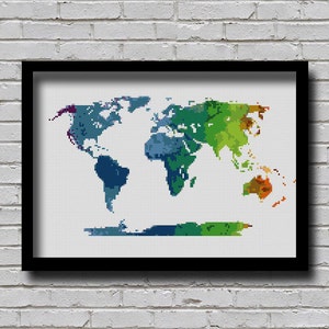 CSM0 monde, point de croix, carte du monde, silhouette #1, décor effet aquarelle, couleur arc-en-ciel, carte du monde, affiche xstitch, bricolage, tableau imprimable