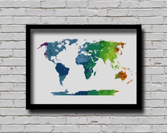 CSM0 World Cross Stitch Pattern World Map Silhouette #1 Rainbow Color Xstitch Diy Printable Chart