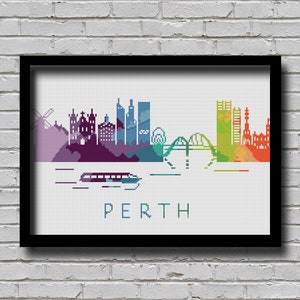 Schema per punto croce di Perth, Australia Occidentale, silhouette dello skyline della città.