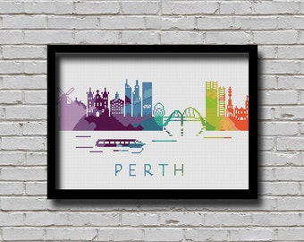 May include: A colorful pixelated illustration of the Perth skyline, featuring iconic landmarks like the Perth Mint, the Bell Tower, and the Swan River. The word "PERTH" is written in white below the skyline.