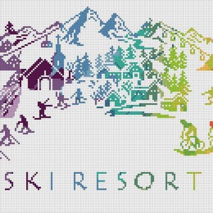 May include: A colorful cross-stitch design of a ski resort with mountains, trees, houses, and skiers. The text "SKI RESORT" is at the bottom of the design.