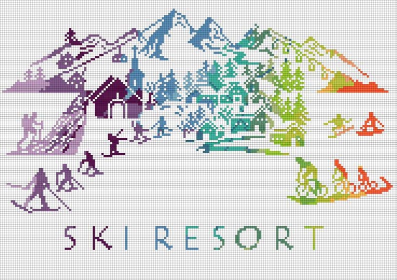 May include: A colorful cross-stitch design of a ski resort with mountains, trees, houses, and skiers. The text "SKI RESORT" is at the bottom of the design.