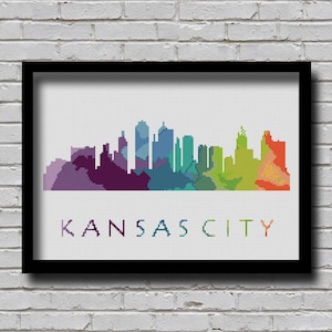 CS47 Kansas City Cross Stitch Pattern Missouri Silhouette Watercolor Effect Decor Modern Embroidery Usa City Skyline Art xstitch Diy Chart