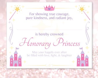 Honorary Princess Certificate - Princess Birthday Party Favor and Birthday Gift for Girls