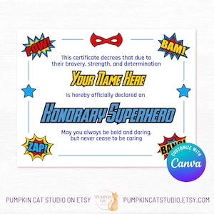 Superhero Certificate - 11x8.5&quot; - Editable Canva Template, Personalized Printable Instant Download - Custom Birthday Gift, Party Favor