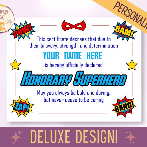 SUPERHERO Certificate - PERSONALIZE IT! Printable, Instant Download - Superhero Training, Party Favors, Children's Diy Gift