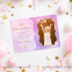 Cartões de agradecimento para impressão da festa da princesa real - Festa de aniversário da princesa - 7 x 5 pol. Modelo Canva editável, personalize e imprima - Rosa GP724