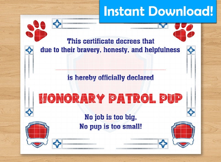 INSTANT DOWNLOAD Paw Patrol Certificate For Birthday | Etsy