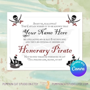 Piratenzertifikat - 11x8,5 "- Bearbeitbare Canva-Vorlage, personalisierte druckbare Vorlage - individuelles Geburtstagsgeschenk für Jungen, Partygeschenk