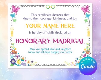Mirabel Themed Encanto Certificate - 11x8.5&quot; - Editable Canva Template, Personalized Printable - Custom Birthday Gift, Party Favor
