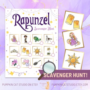 Puede incluir: Un juego de búsqueda del tesoro con temática de Rapunzel con ilustraciones de personajes y objetos de la película. El juego presenta un título morado e imágenes enmarcadas en oro, con una lupa y las palabras "Scavenger Hunt!"