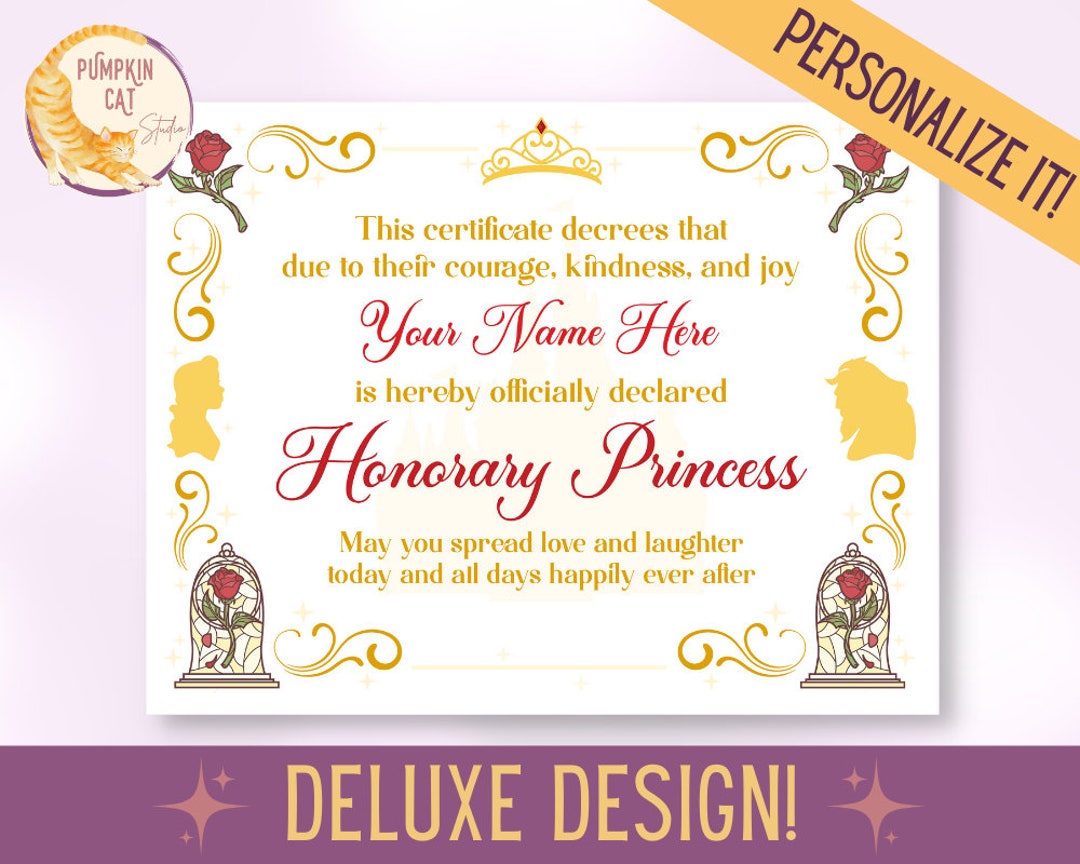 BELLE Themed Princess Certificate PERSONALIZE It Printable - Etsy