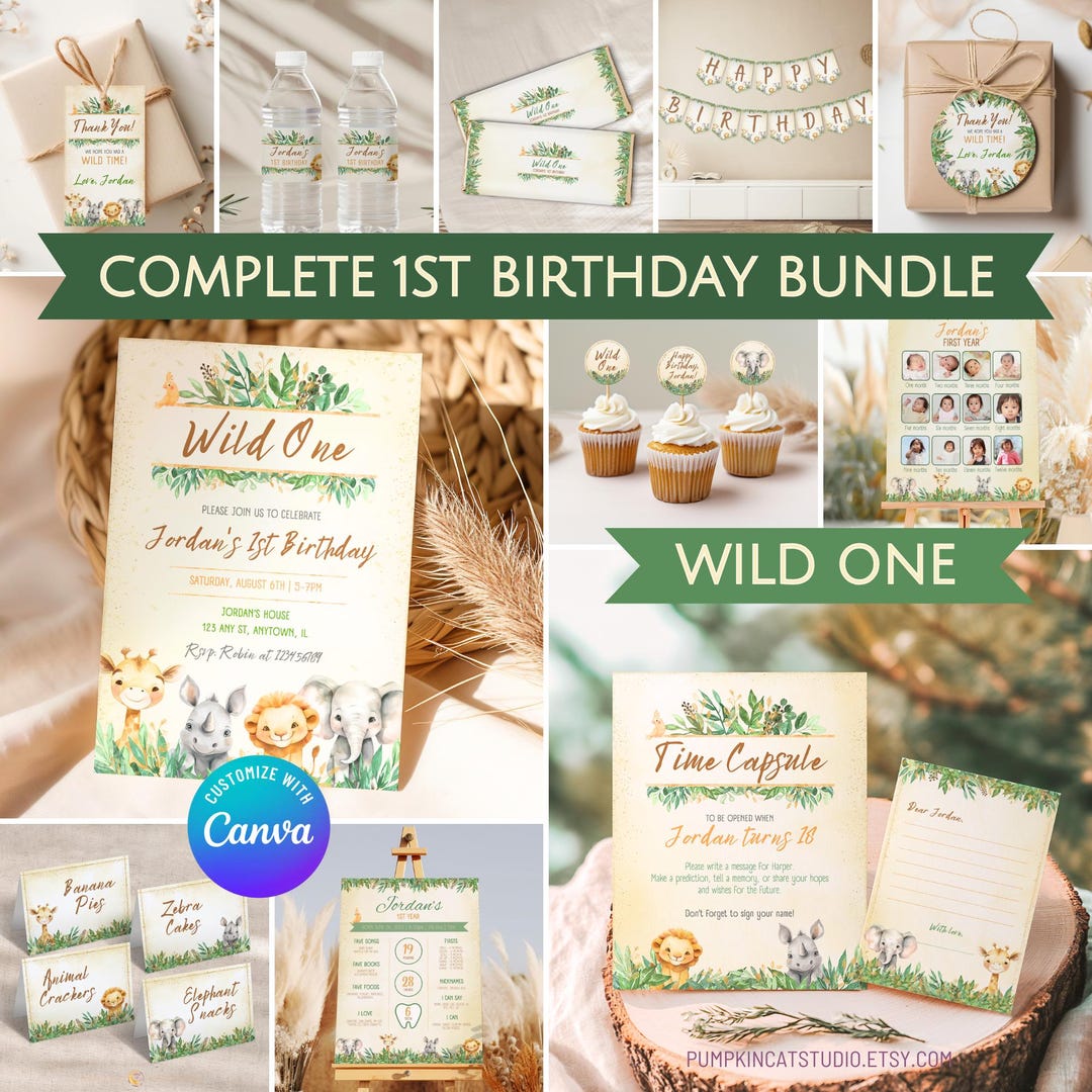 Safari Wild One 1st Birthday Party Bundle - Jungle Themed Invitations ...