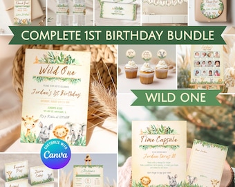 May include: A printable 1st birthday party bundle with a jungle theme. The bundle includes invitations, cupcake toppers, a time capsule, a thank you sign, a banner, and more. The design features a watercolour style with green leaves, animals, and the text "Wild One".