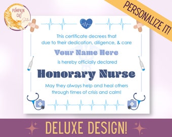 Printable Honorary Nurse Certificate, Personalized Nursing Appreciation Award, Hard Work & Dedication Humor Card, Caregiver Endorsement