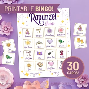 May include: A printable Rapunzel-themed bingo game with 30 cards. The bingo card features illustrations of Rapunzel, flowers, and other related images. The text "PRINTABLE BINGO!" and "Rapunzel Bingo" are visible.