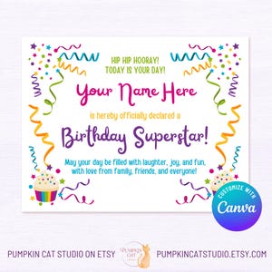 Geburtstags-Superstar-Zertifikat - 11x8,5 "- Bearbeitbare Canva-Vorlage, personalisiertes druckbares - Benutzerdefiniertes Geburtstagsgeschenk, Partygeschenk, Kinderpreis