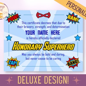 SUPERHERO Certificate- PERSONALIZE IT! Printable Instant Download - For Birthday Gifts, Party Favors, Superhero Training
