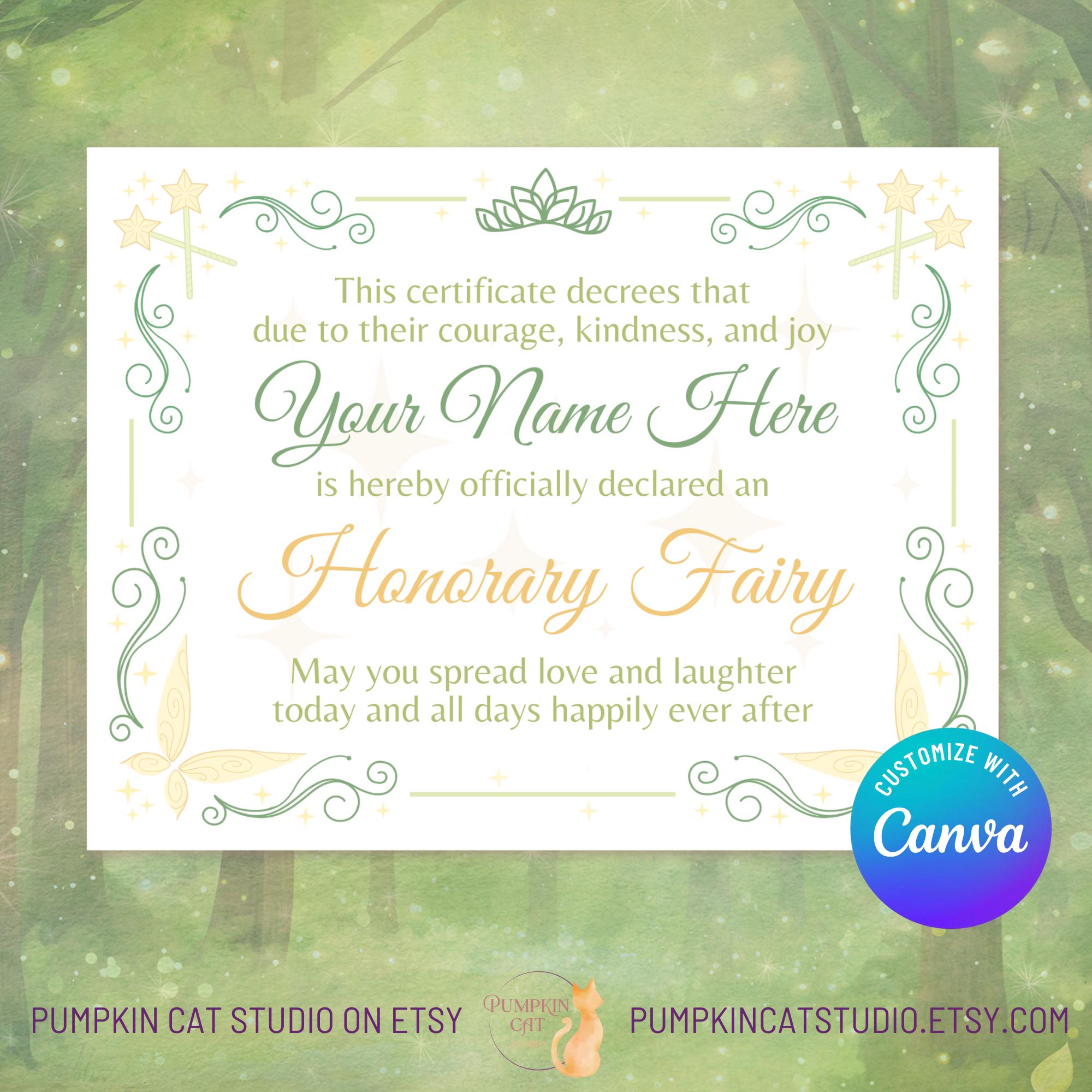 Fairy Certificate - 11x8.5" - Editable Canva Template, Personalized Printable Instant Download - Custom Birthday Gift for Girls, Party Favor