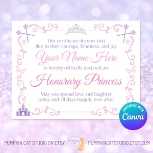 Royal Princess Certificate - 11x8.5&quot; - Editable Canva Template, Personalized Party Printable - Custom Birthday Gift for Girls, Party Favor