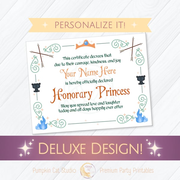 Custom Honorary Princess Certificate - Personalized Brave Themed Party Favor and Merida Birthday Gift for Girls (Deluxe Design)
