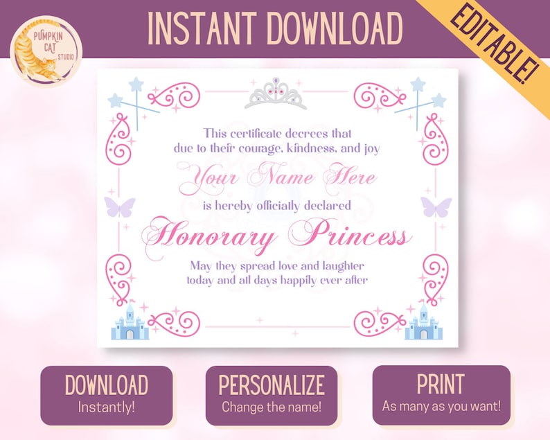 Generic PRINCESS Certificate EDITABLE Printable INSTANT | Etsy