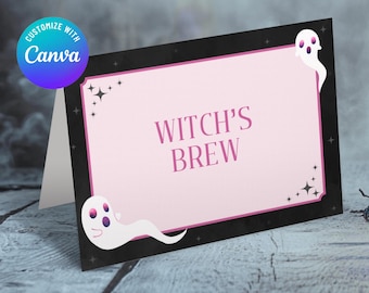 Puede incluir: Etiqueta de comida imprimible para una fiesta de Halloween con fondo rosa y borde negro. La etiqueta presenta un fantasma y el texto "WITCH'S BREW".