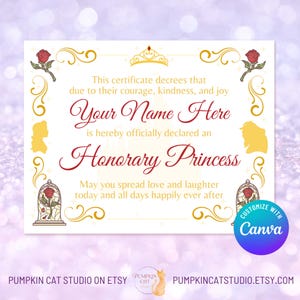 Certificato principessa a tema La bella e la bestia - 11x8,5" - Modello Canva modificabile, personalizzato, regalo di compleanno personalizzato, bomboniera