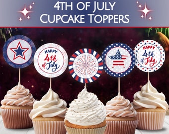 May include: Four round cupcake toppers with red, white, and blue designs. The toppers feature stars, fireworks, and the text "Happy 4th of July".