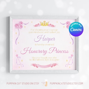 Certificat de princesse honorifique modifiable - oeuvre d'art murale pour chambre d'enfant, cadeau personnalisé et personnalisable pour fille, modèle sur toile, impression numérique