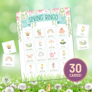 Bingo de primavera imprimible para niños (30 jugadores) - Cuadrícula de 4x4, actividad para el aula de Pascua o primavera, juegos infantiles estéticos