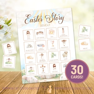 Bingo histoire de Pâques - 30 cartes - grille 4 x 4 - jeu chrétien à imprimer pour les enfants, activité d'étude de la Bible pour Pâques