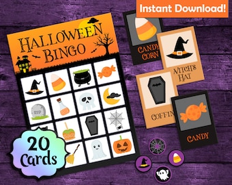 HALLOWEEN Bingo! - 20 Players - Printable PDFs - INSTANT DOWNLOAD - Halloween Party Games, Costume Party Games, Kids Halloween Party