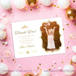 Royal Princess Party druckbare Dankeskarten - Prinzessin Geburtstagsfeier - 17,8 x 12,7 cm bearbeitbare Canva-Vorlage, anpassen und drucken - weiß GO724