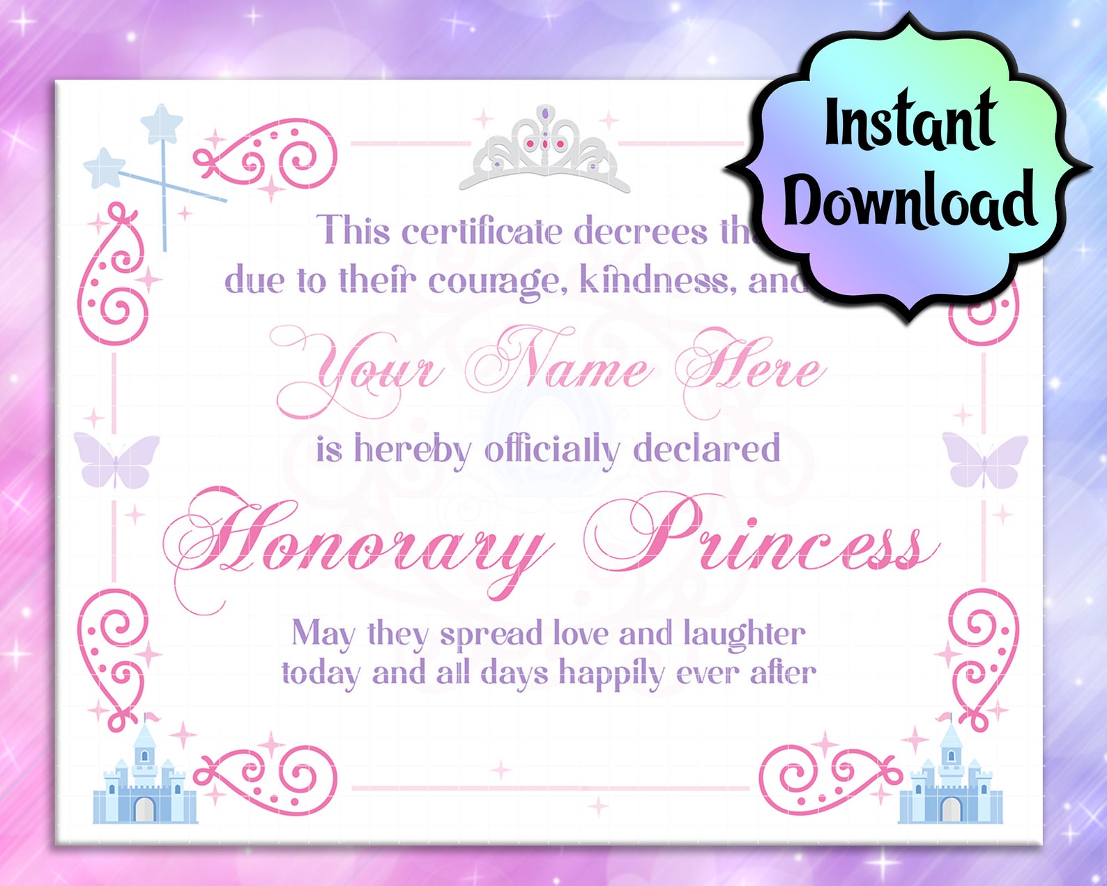 Generic PRINCESS Certificate EDITABLE Printable INSTANT | Etsy