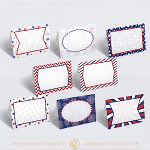 Cartões de etiqueta de comida com estrelas e listras para impressão - Dia da Independência, churrasco de 4 de julho, celebração americana, festa eleitoral, vermelho, branco e azul