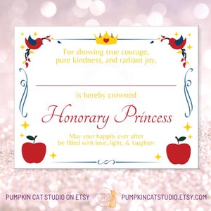 Certificado de Princesa Honoraria - Regalo de fiesta y cumpleaños con temática de Blancanieves para niñas