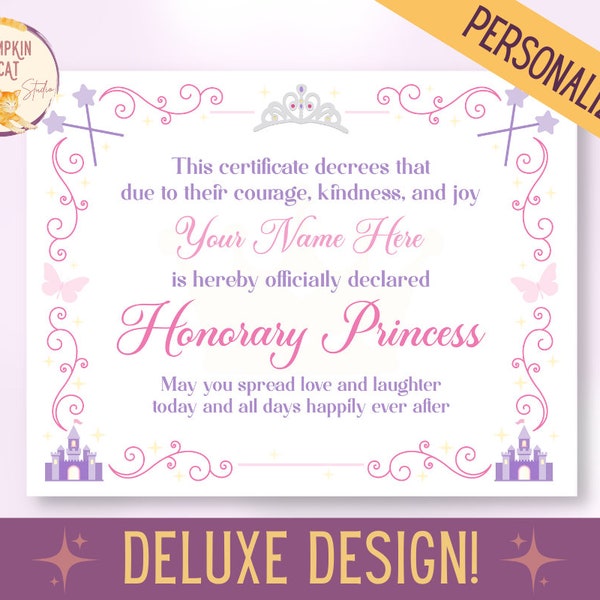 Generic PRINCESS Certificate - PERSONALIZE IT! Printable, Instant Download - Princess Party Favors, Children's diy Decor or Gift