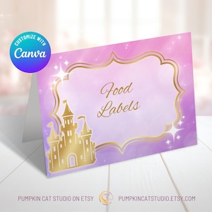 Cartões de etiqueta de comida para impressão para festa de princesa real - Decoração de aniversário de menina - Modelo Canva editável de 3,5 x 2,5 pol., Personalize e imprima - Rosa GP724