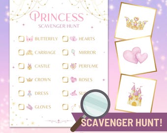 May include: A printable princess-themed scavenger hunt game with a checklist of items to find, including a butterfly, carriage, castle, crown, dress, gloves, hearts, mirror, perfume, roses, and slippers. The game includes a magnifying glass and a list of items to find. The game is designed for a princess-themed party.