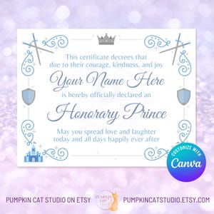 Prince Certificate - 11x8.5&quot; - Editable Canva Template, Personalized Printable Instant Download - Custom Birthday Gift for Boys, Party Favor