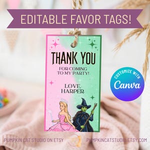 May include: A party favor tag with a pink and green background, featuring the text "THANK YOU" and "LOVE, HARPER". The tag includes illustrations of a princess and a witch. The tag is designed to be customized with Canva.