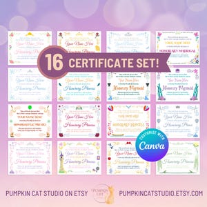 Customizable Printable Certificate Set! Save 35%! 16 Editable Canva Templates Total! Princess Party Favors, Personalized Gifts