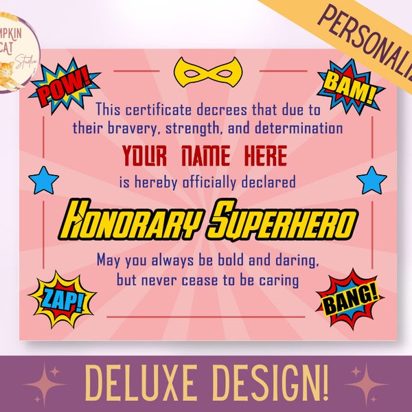 SUPERHERO Certificate, Red - PERSONALIZE It! Printable, Instant Download - Superhero Training, Party Favors, Children's DIY Decor or Gift