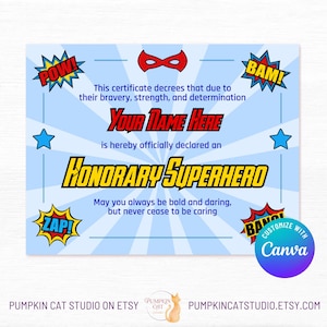 Classic Superhero Certificate 11x8.5&quot; - Editable Canva Template, Personalized Printable Instant Download - Custom Birthday Gift, Party Favor