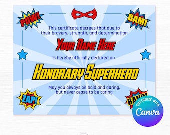 Classic Superhero Certificate 11x8.5&quot; - Editable Canva Template, Personalized Printable Instant Download - Custom Birthday Gift, Party Favor